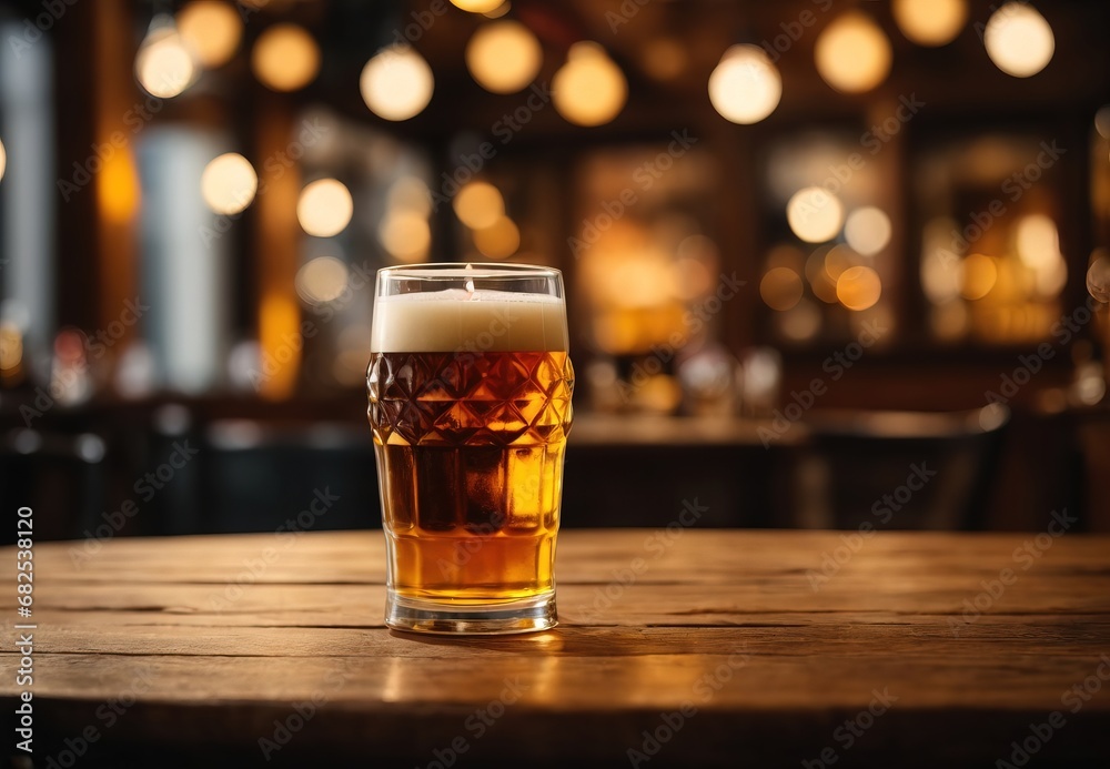 Empty wooden table with glass of beer in the bar background Empty wooden table with glass of beer in the bar background