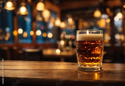 Empty wooden table with glass of beer in the bar background
