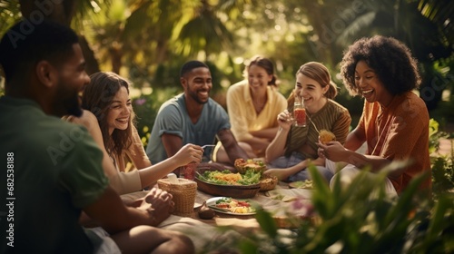 Capture a diverse group of people enjoying a picnic in a lush park  sharing food and laughter.