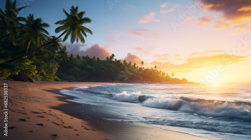 Capture the tranquil beauty of a secluded beach at sunrise.