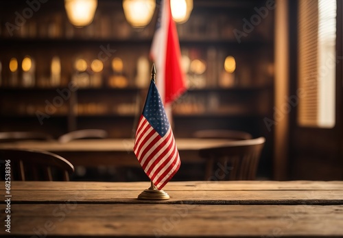 Empty wooden table with usa flag in background photo
