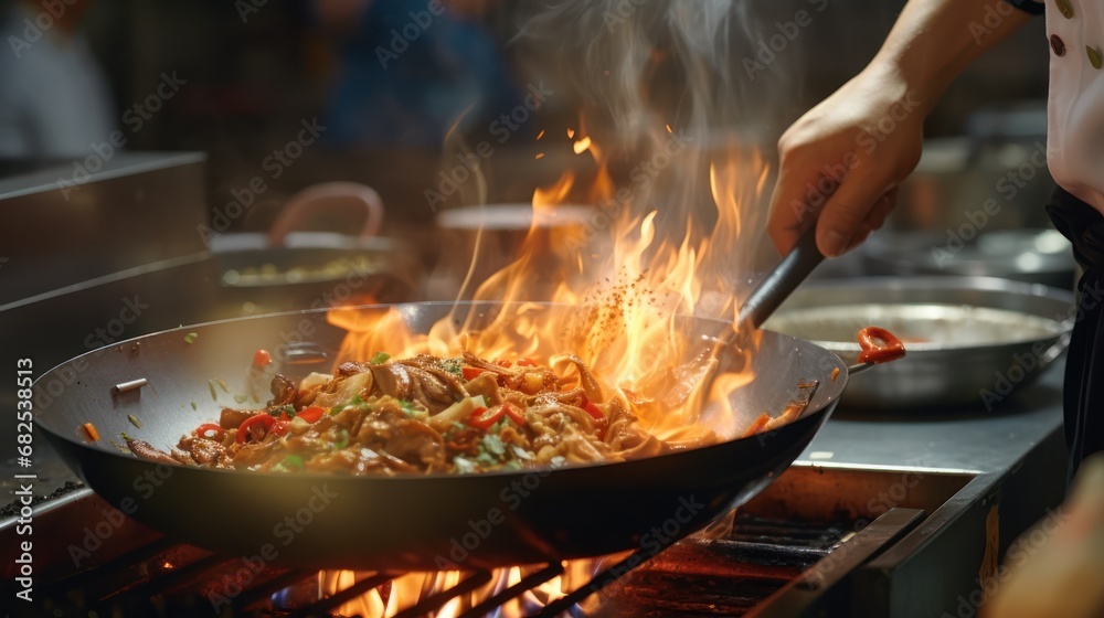 Chef is cooking stir-fry noodles in a wok Chef is cooking stir-fry noodles in a wok