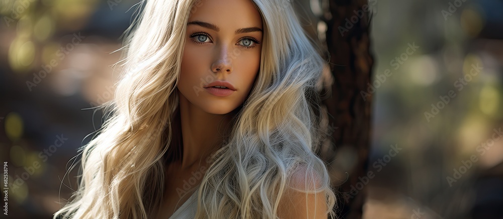 Naklejka premium In a serene forest, a young girl with long, flowing white hair gazes into the distance, her captivating eyes shining with a creative spark. The portrait captures the beauty of her makeup, enhancing