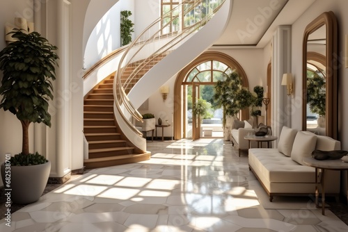 Entrance Hall or Hallway of Luxury Rich House with Staircase. Interior Design. Wooden staircase and stone cladding wall in rustic hallway. Cozy home interior design of modern entrance hall with door.