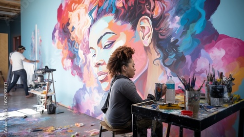 Create an image of an inclusive art studio where artists with diverse abilities collaborate on a vibrant mural.