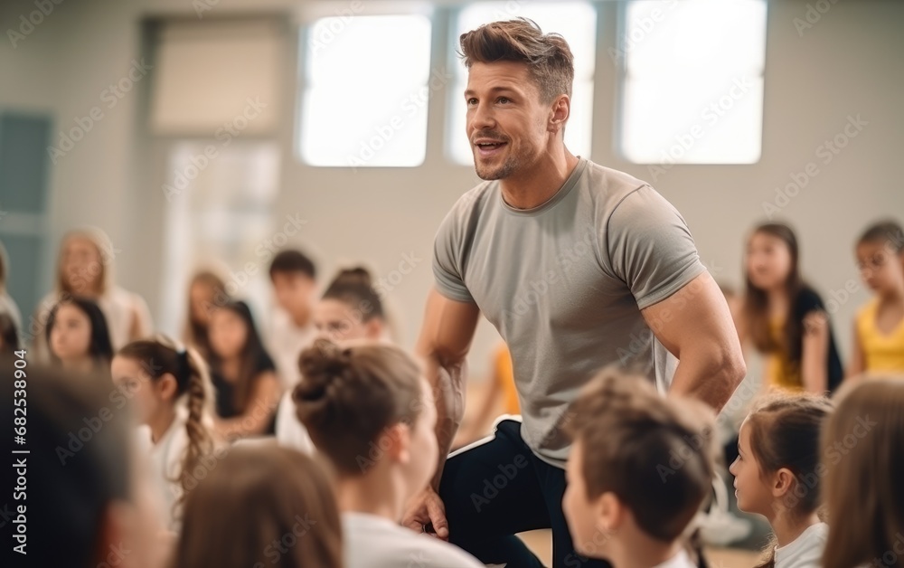 A handsome coach is training students in a physical education lesson at school
