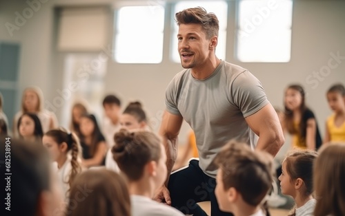 A handsome coach is training students in a physical education lesson at school