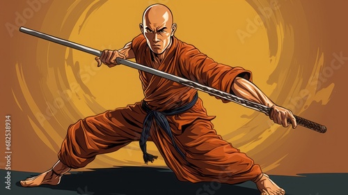a shaolin monk doing kata with wood staff, comic style, copy space, 16:9