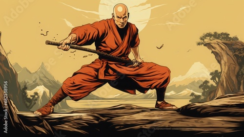 a shaolin monk doing kata with wood staff, comic style, copy space, 16:9