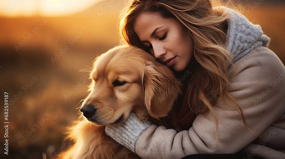 woman and golden retriever, cinematic light, copy space, 16:9
