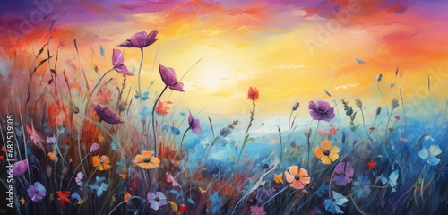 Summer flowers in the grass with an abstract art background of the sun's sky. #682539105