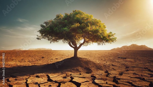 A solitary tree thrives amidst the arid soil, representing the impact of global warming and the changing climate 
