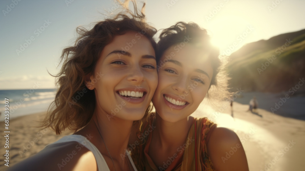 Joyful friends sharing a sunny beach selfie, radiating happiness and carefree vibes against the ocean backdrop Joyful friends sharing a sunny beach selfie, radiating happiness and carefree vibes against the ocean backdrop