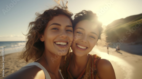 Joyful friends sharing a sunny beach selfie, radiating happiness and carefree vibes against the ocean backdrop