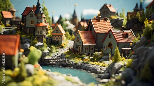 Miniature Village with Quaint Houses and Cobblestone Bridge