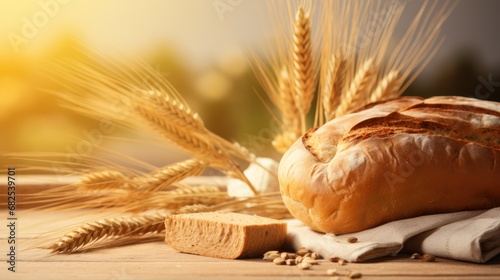 On the wooden table, there's fresh and fragrant bread, complemented by the presence of wheat, all against the scenic backdrop of a wheat field.