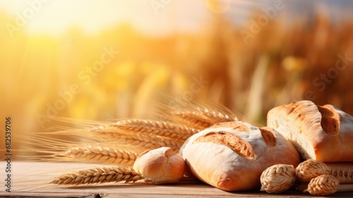 Amidst the rustic charm, a wooden table is adorned with fresh, fragrant bread and wheat, harmonizing with the picturesque wheat field in the background.