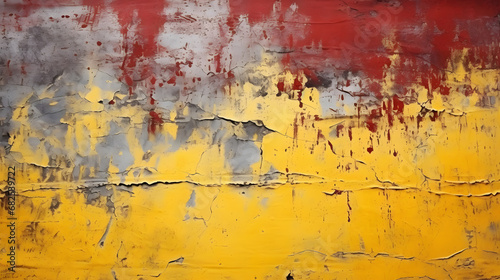 red yellow background with texture and distressed vintage grunge and grafitti paint on brick wall
