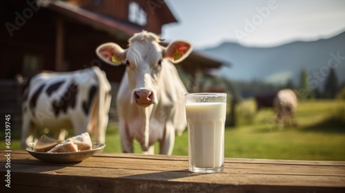 Milk in a glass on the background of a herd of cows