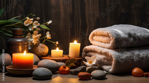 The candles are lit, massage stones, oils, a towel are all laid out in preparation for a spa treatment. Beauty spa treatment and relax concept.