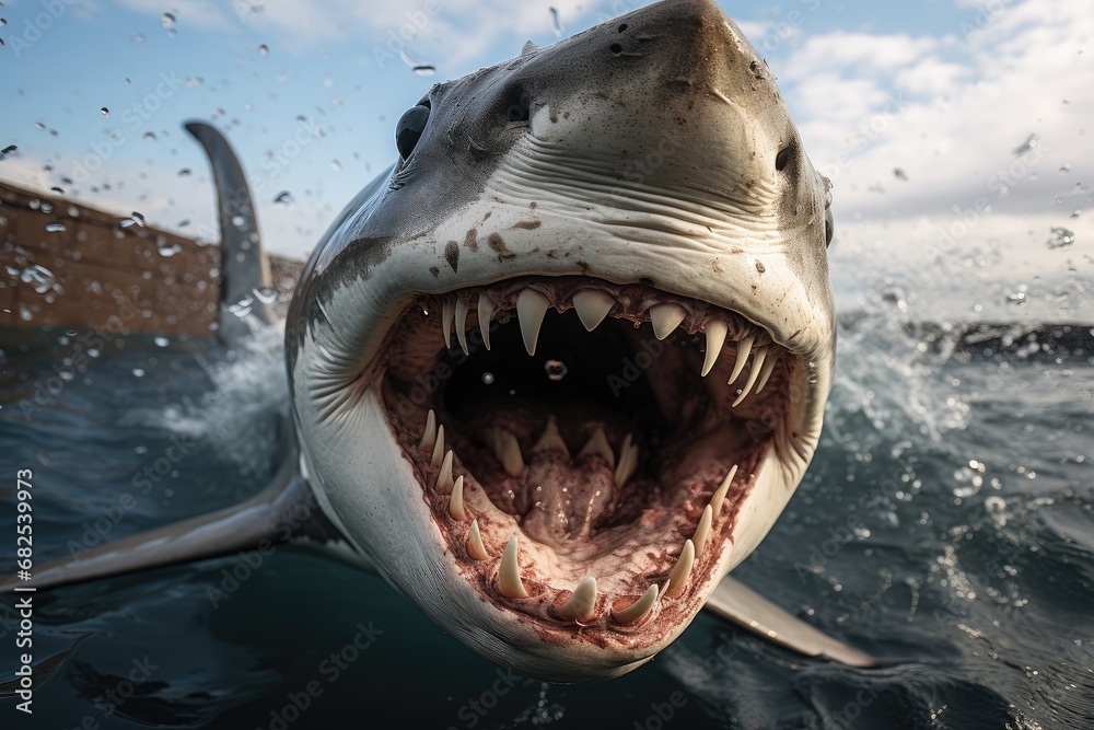 great white shark with jaws open in attack mode swimming through blue ocean water. Carcharodon carcharias, surfacing with the head out of the water and the mouth wide open off. - obrazy, fototapety, plakaty 