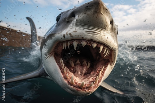 great white shark with jaws open in attack mode swimming through blue ocean water. Carcharodon carcharias, surfacing with the head out of the water and the mouth wide open off. photo