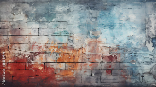 colorful background with texture and distressed vintage grunge and graffiti paint on brick wall