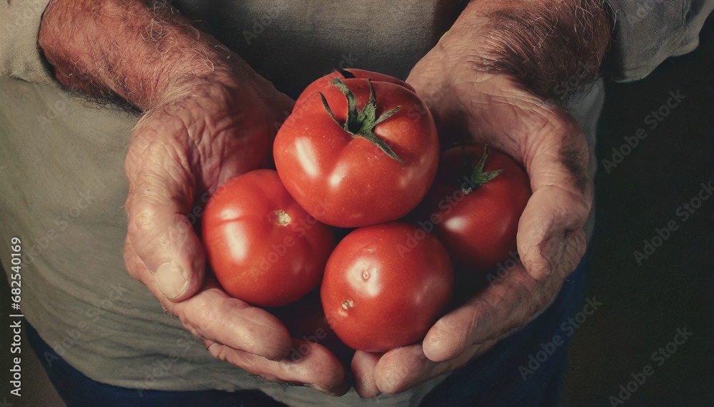 Pile of red ripe tomatoes in the hands of an elderly man Pile of red ripe tomatoes in the hands of an elderly man