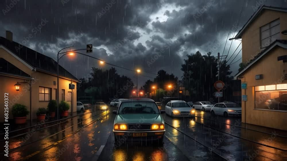 Very hard rain, many water, many cars, lights