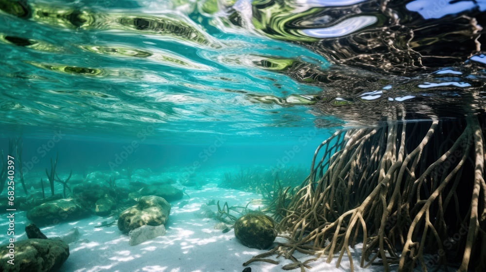 Observing a submerged mangrove tree beneath the sea's surface. Stock