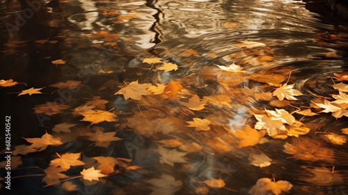 Golden leaves falling gently into a tranquil pond, creating ripples.