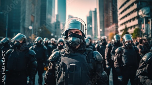 Police officers in protective masks on the street during a protest rally.