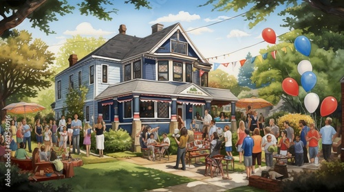 Illustrate a neighborhood gathering where neighbors of all ages and backgrounds come together for a block party. photo