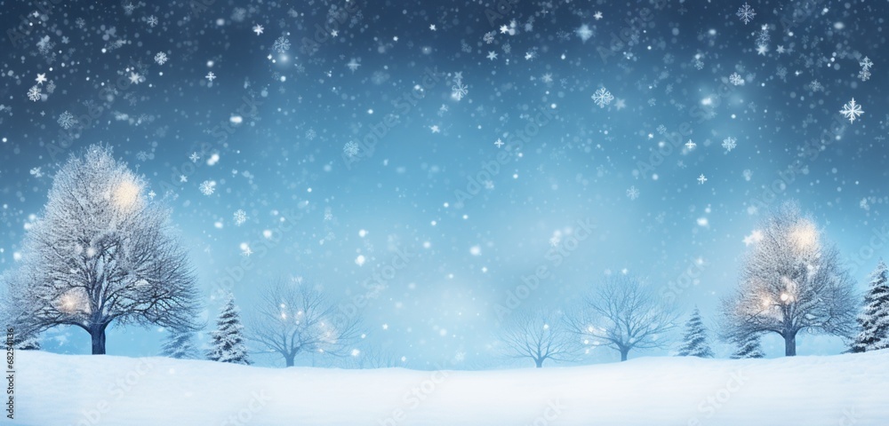  The abstract blue background, adorned with snow, creates a serene and festive winter wonderland.
