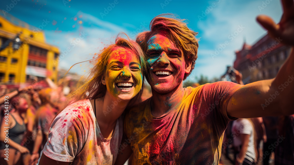 portrait of a happy couple taking part at the Indian Holi festival