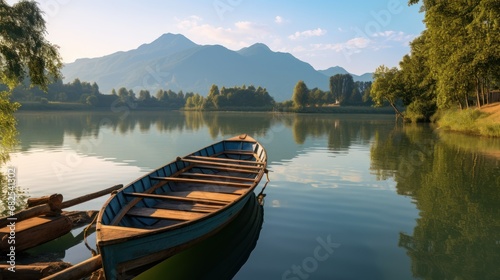 boat rests on the lake's shore, framed by distant mountains.