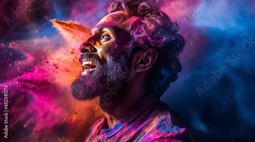 portrait of a person taking part at the Indian Holi festival
