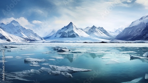 panoramic view of a frozen lake surrounded by snow-capped mountains.