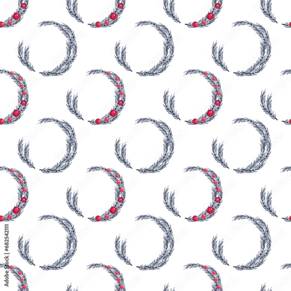 Wreaths with and without decoration made of blue spruce. Watercolor pattern for Christmas pillows and tablecloths Wreaths with and without decoration made of blue spruce. Watercolor pattern for Christmas pillows and tablecloths