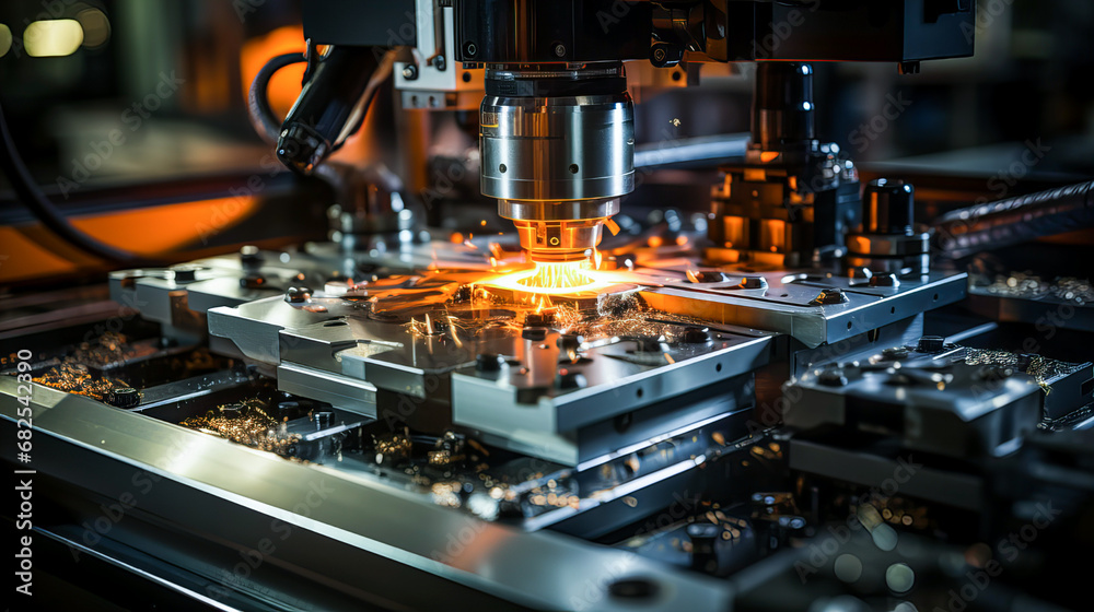 The CNC milling machine cutting the metal part with the sparking light. Industrial laser cutting metal with sparks. Laser cutting machine in metal industry. Generative AI technology The CNC milling machine cutting the metal part with the sparking light. Industrial laser cutting metal with sparks. Laser cutting machine in metal industry. Generative AI technology