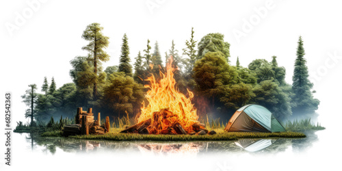 Summer Camp Scene with Tent and Campfire