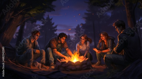 Showcase a group of friends of different genders and orientations having a heartfelt conversation around a campfire.