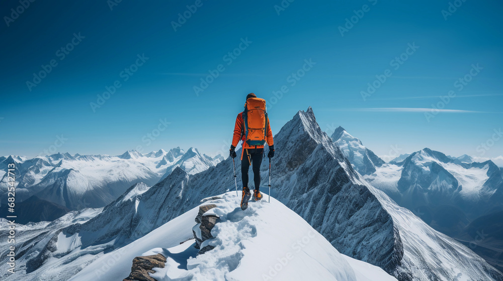 mountaintop portrait, climber with colorful gear against a backdrop of snow-capped peaks