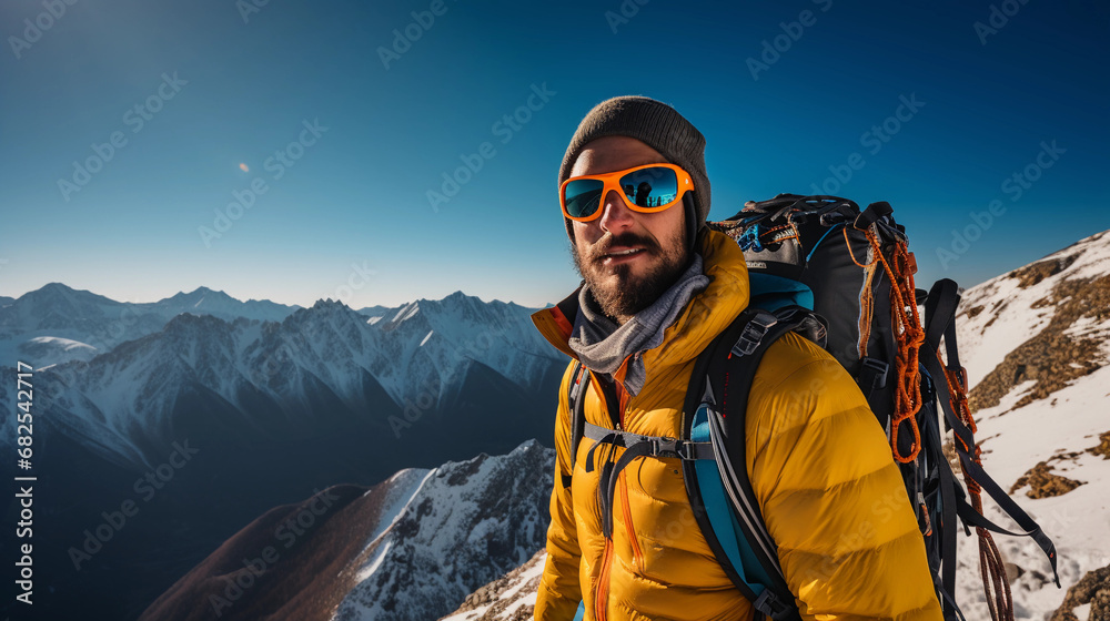 mountaintop portrait, climber with colorful gear against a backdrop of snow-capped peaks