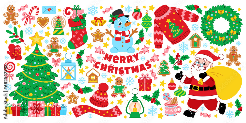 Colorful set of Christmas and New Year elements for winter holiday design. Running Santa with a bag of gifts, Xmas tree, festive sweets. Vector colored flat cartoon illustrations perfect for stickers. Colorful set of Christmas and New Year elements for winter holiday design. Running Santa with a bag of gifts, Xmas tree, festive sweets. Vector colored flat cartoon illustrations perfect for stickers.