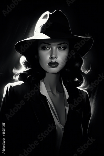 Woman wearing a hat and a coat characterized as a classic detective or gangster look. Femme fatale. Noir movie, portrait of 40s detective.