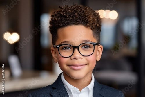 Young boy wearing glasses and suit. Suitable for professional or formal settings