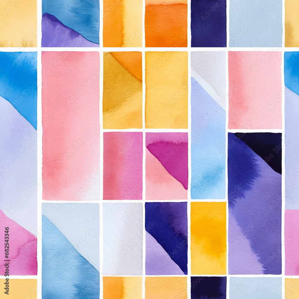 Seamless repeating pattern mtodern rectangular watercolor tiles for gift wrapping paper, textiles, in bright pastel shades of pink, purple, yellow, blue and orange.