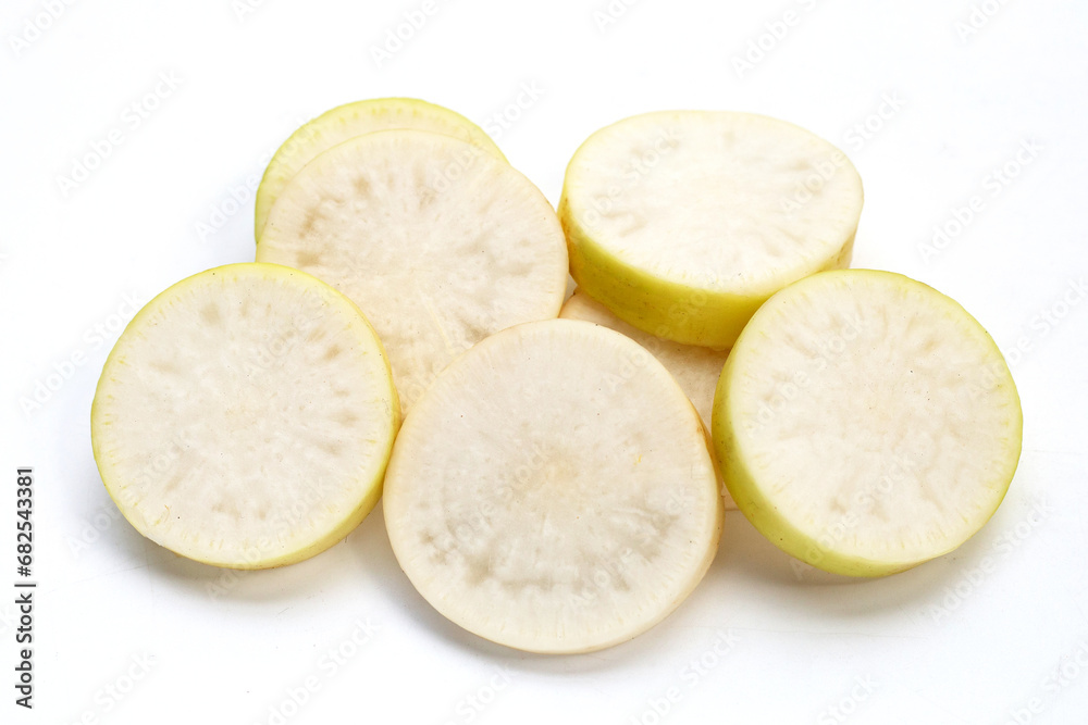 Sliced Japanese daikon. Fresh vegetables Sliced Japanese daikon. Fresh vegetables