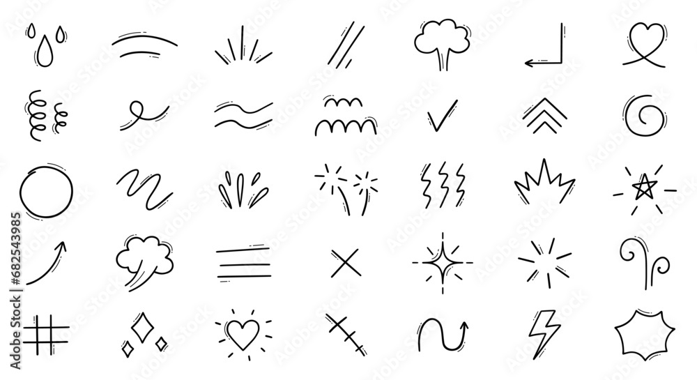 Expression sign doodle set. Comic decorative brush stroke lines, design elements, emotion symbols, anime movement in sketch style. Hand drawn vector illustration isolated on white background Expression sign doodle set. Comic decorative brush stroke lines, design elements, emotion symbols, anime movement in sketch style. Hand drawn vector illustration isolated on white background